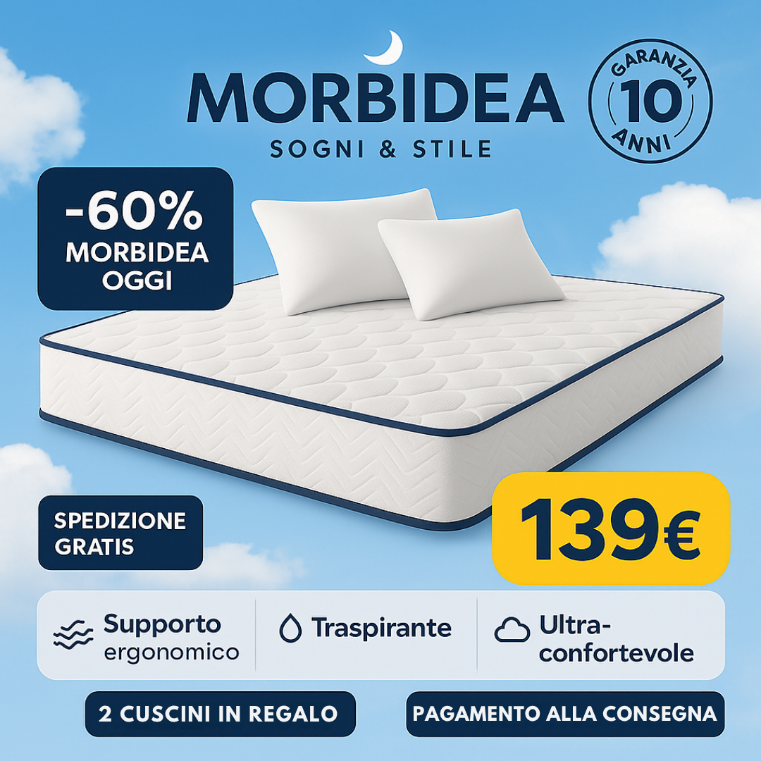 Offerta Morbidea: Materasso matrimoniale a 139,90€, 2 cuscini inclusi, prova 100 notti