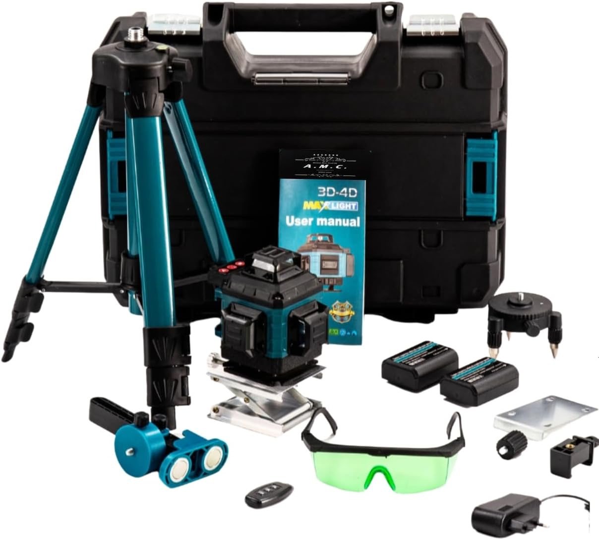 Kit livella laser 3D-4D con treppiede, valigia, batterie, base magnetica, telecomando e occhiali
