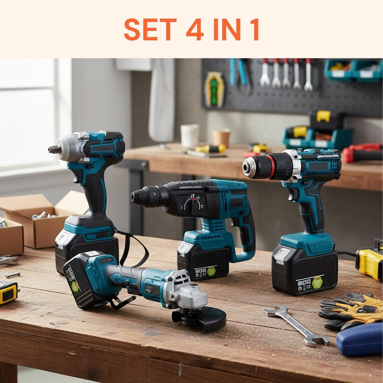 Kit 4-in-1: trapano, avvitatore, percussione e smerigliatrice