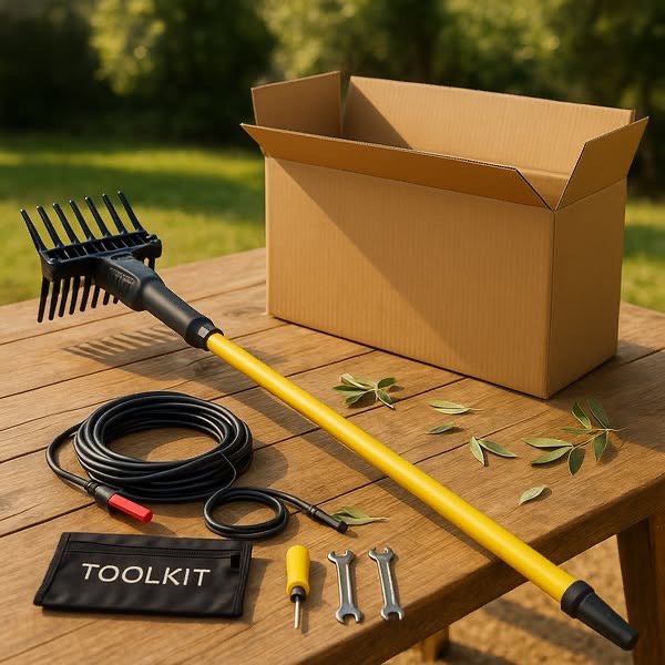 Vista tecnica abbacchiatore per olive Jhonsorr con asta fino a 3 m, cavo 12 m e palette rinforzate