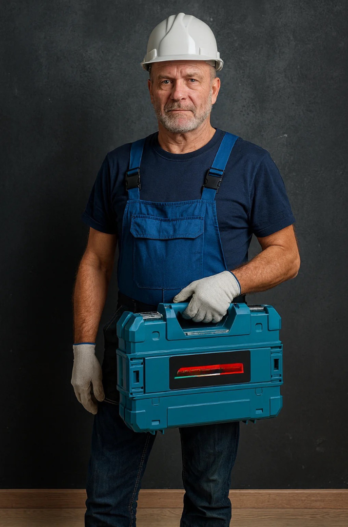 Operaio con valigetta del kit laser, garanzia Italia