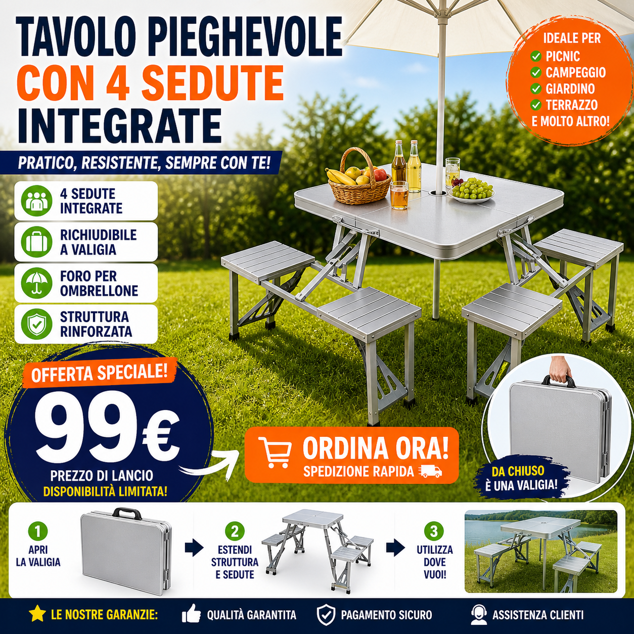 Tavolo picnic pieghevole con sedute integrate