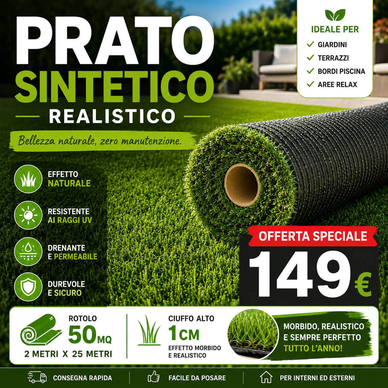 Offerta prato sintetico 2 rotoli 50 mq totali a 149 euro