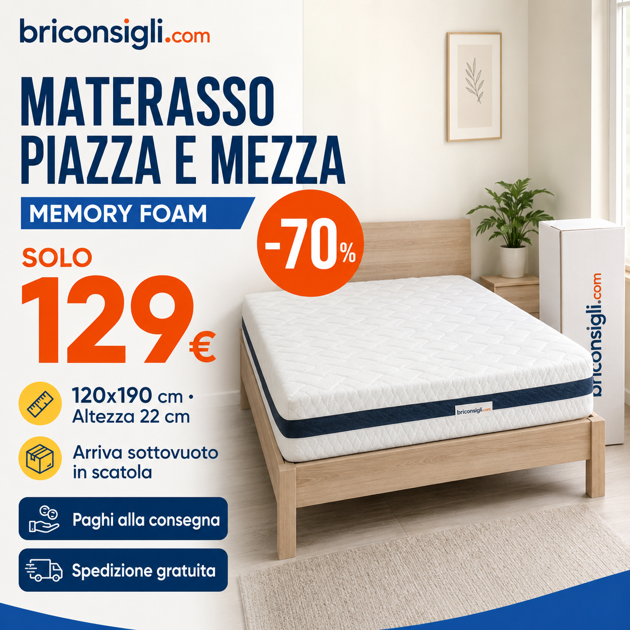 Offerta Briconsigli: materasso piazza e mezza in Memory Foam