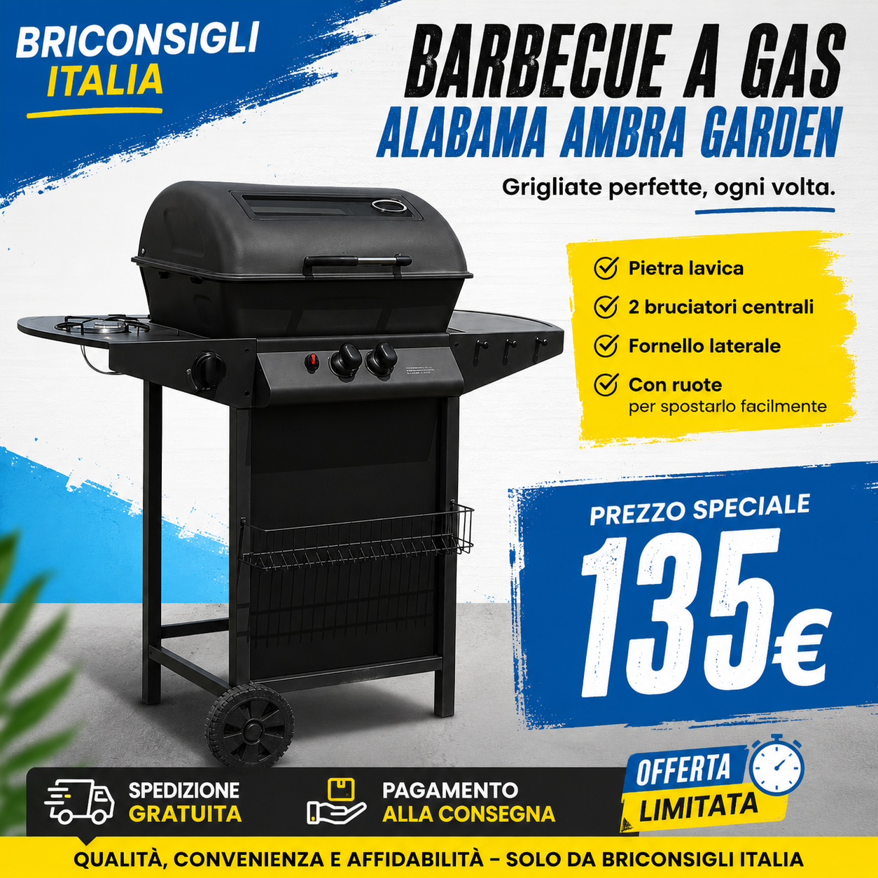 Barbecue a gas nero con ripiano laterale su prato verde