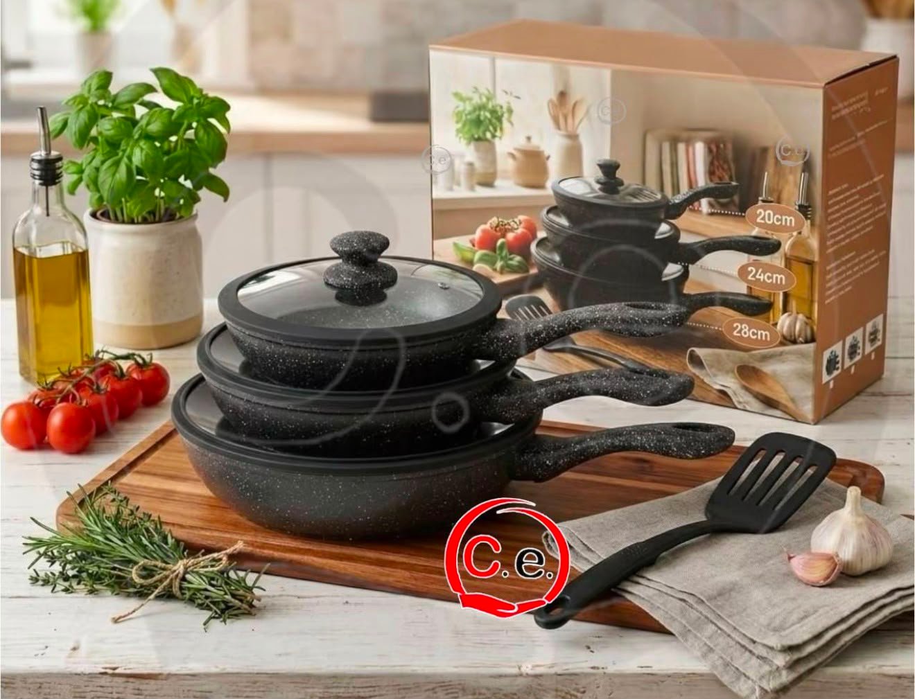 Set completo di padelle con coperchi e utensili