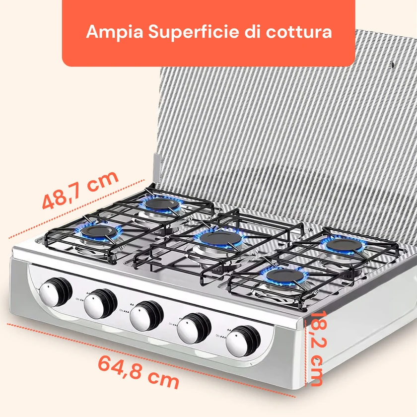 Ampia superficie fornellone gas cinque fuochi
